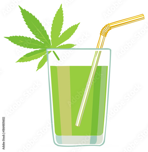 Green cannabis leaf adorns a refreshing green drink with a striped straw