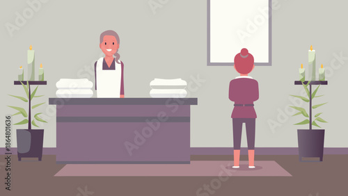 Receptionist welcoming client in spa with towels and plants flat vector art