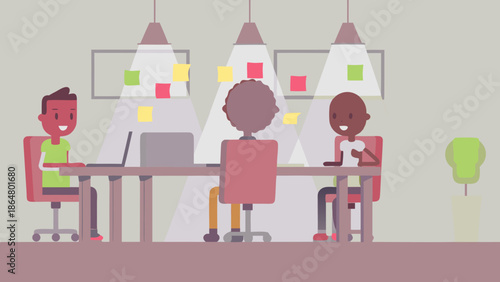 Team of startup founders discussing business strategy at office meeting table with laptops