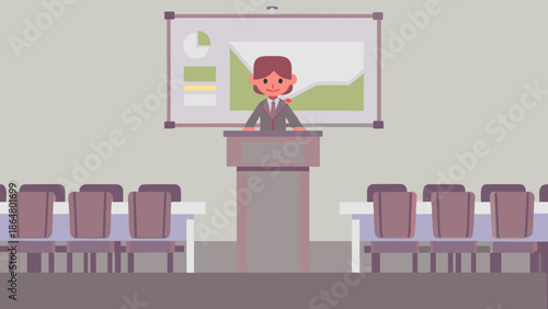 Business leader presenting data on digital board to empty meeting room