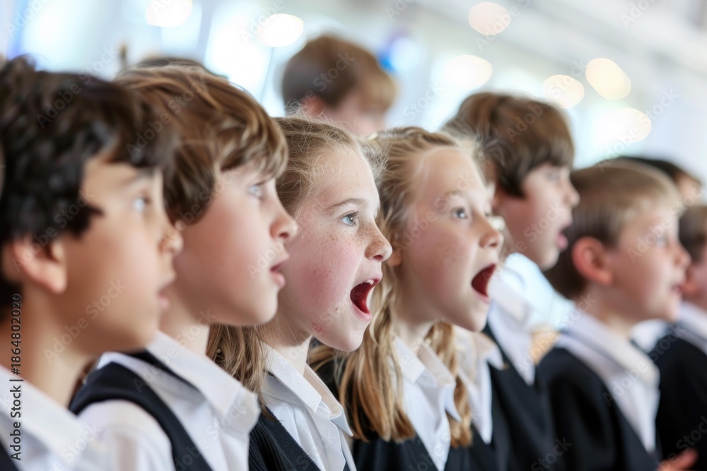Fototapeta premium School children choir members singing together during a concert or rehearsal