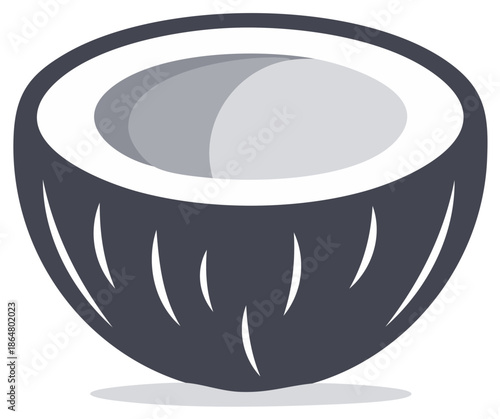 Stylized vector illustration of a tropical coconut half cut open revealing the white interior