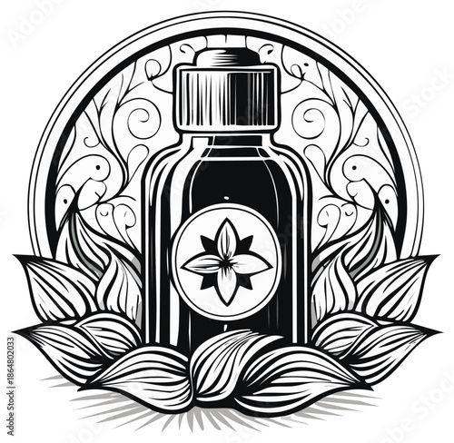 Essential Oil Bottle Design with Floral Elements and Ornate Circular Frame Illustration