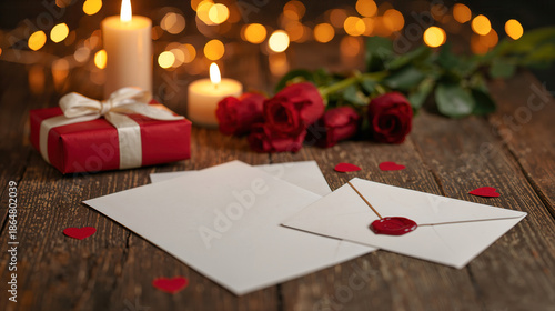 Busta con sigillo di cera e biglietti con regalo, rose e candele su tavolo in legno. Generative AI 