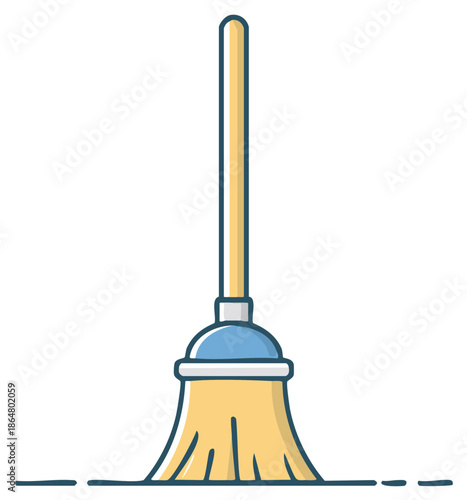Vibrant cartoon broom icon representing sweeping and household cleaning tasks vector illustration
