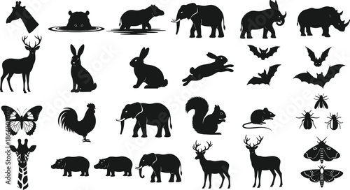 Wildlife animal silhouettes collection featuring mammals birds insects and forest creatures isolated on white background nature vector illustration set
