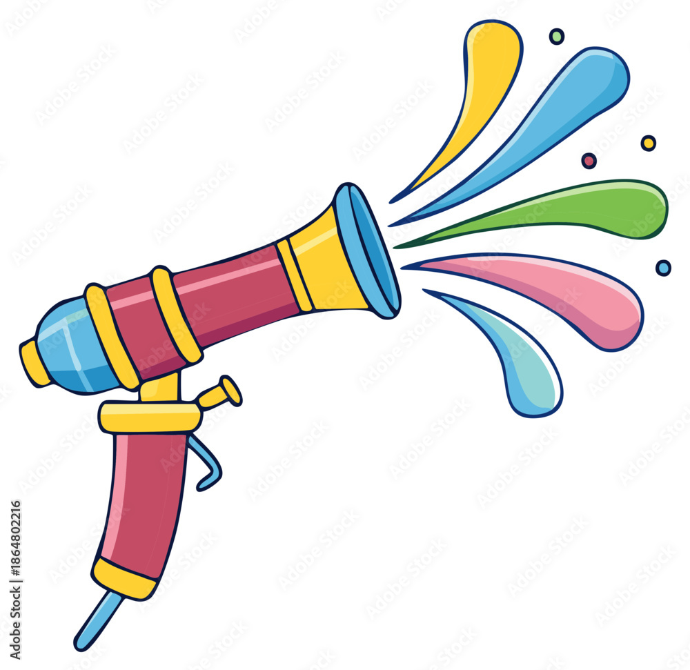 Obraz premium Colorful Cartoon Water Gun Spraying Liquid Droplets for Summer Fun and Play