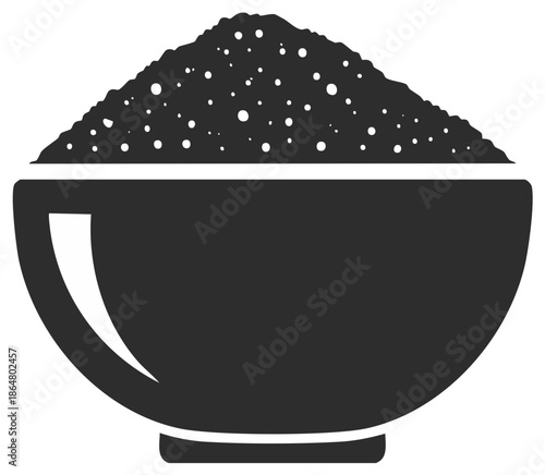 Minimalist vector icon of a dark bowl overflowing with sparkling granular particles