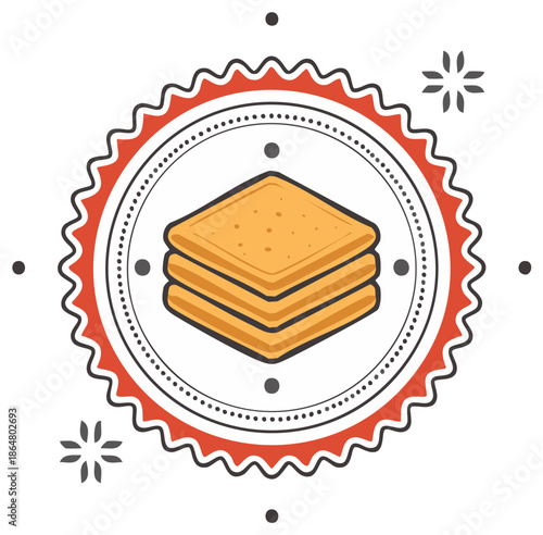 Stack of crackers illustration in a decorative retro style food label emblem