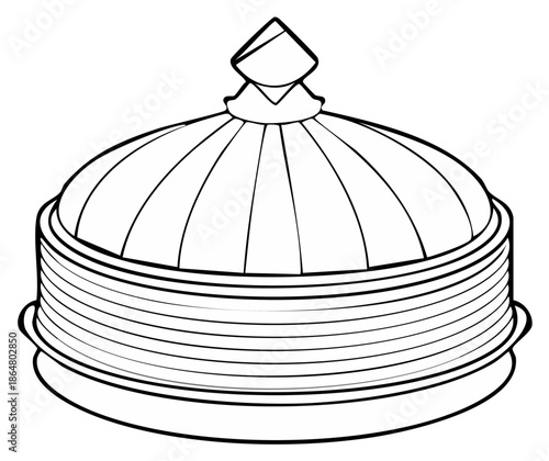 Outline drawing of a ornate domed serving dish with a decorative lid