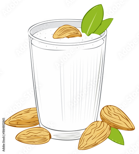 Glass of creamy almond milk garnished with nuts and leaves a refreshing healthy drink