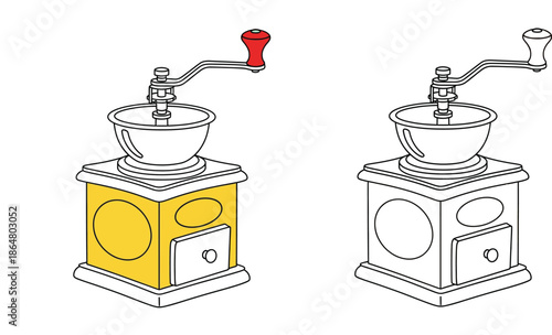 Manual coffee grinder vector illustration set. Vintage yellow hand mill and black and white outline for coloring book page. Kitchen appliance icon isolated on white background.