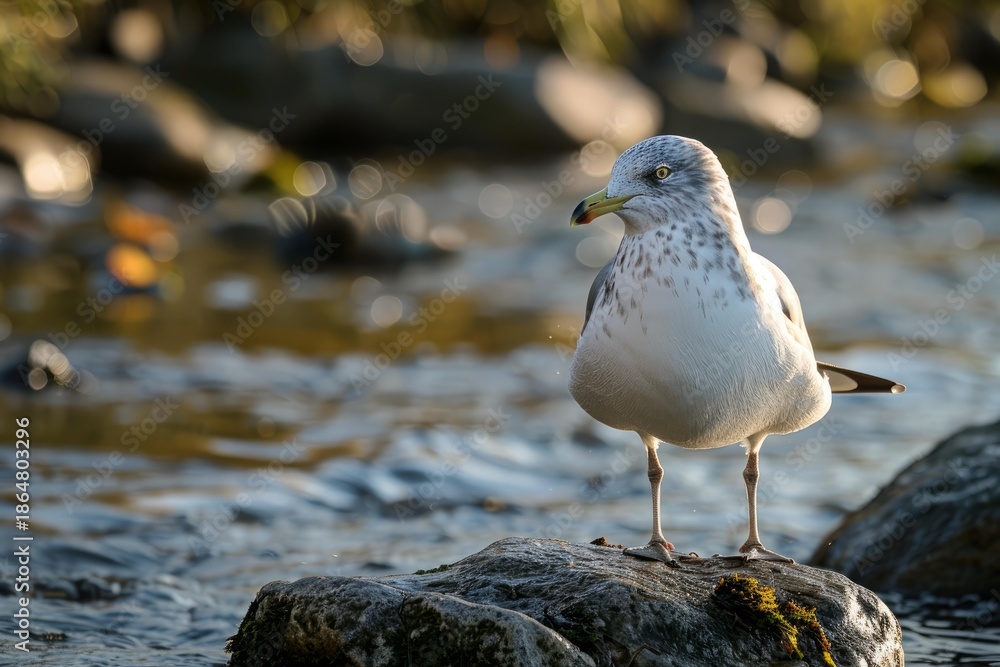 Fototapeta premium Juvenile seagull standing on rock in shallow river at sunset