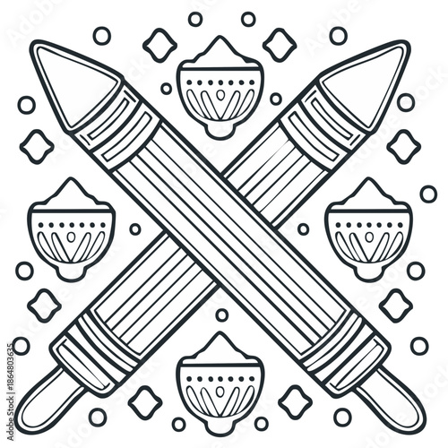 Traditional Rolling Pins and Flour Bowls Outline Art Symmetry Kitchen Utensils Design