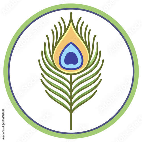 Peacock Feather Icon Graphic Design with Circle Frame in Green and Blue