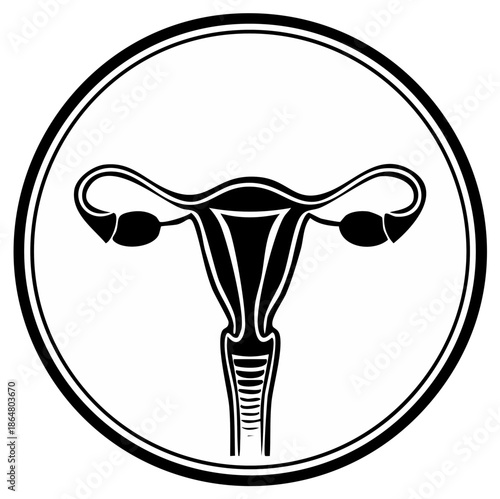 Uterus Icon Symbol in Black and White Medical Illustration in a Circle