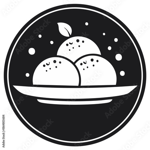 Monochromatic icon of three sweet round desserts on a plate with a leaf garnish and decorative sprinkles
