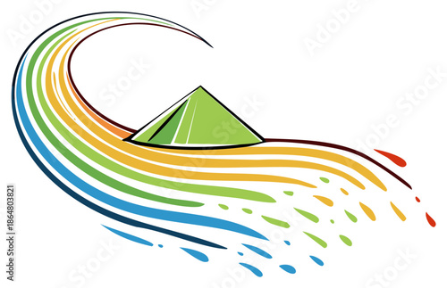 Colorful abstract tent illustration with rainbow waves representing travel and tourism or eco-friendly camping trip emblem design