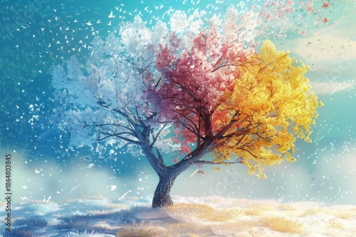 Surreal image of a tree showing all four seasons at the same time, with birds flying and snow falling