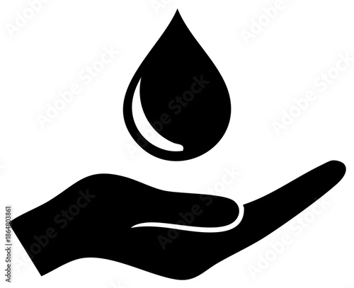 Hand holding water drop, symbol of clean water and conservation, vector icon.
