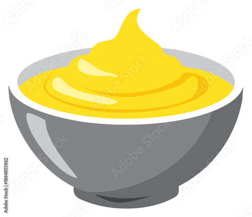 Bowl filled with rich yellow creamy sauce, food condiment topping