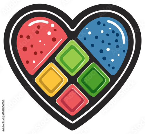 Heart shaped box with colorful candies and sweets assortment