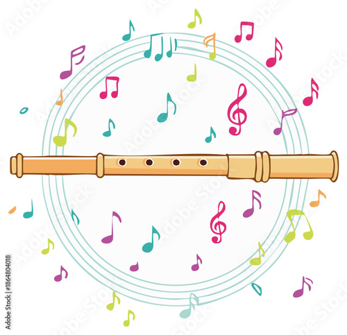 Wooden Recorder With Colorful Musical Notes Swirling Around Staff Lines
