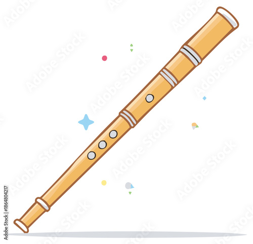 Stylized Illustration of a Wooden Flute with Decorative Accents and Colorful Sparkles