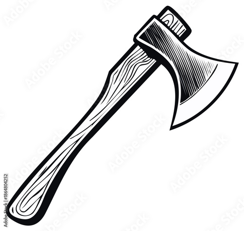 Illustration of a detailed wood-handled axe in a black and white graphic style