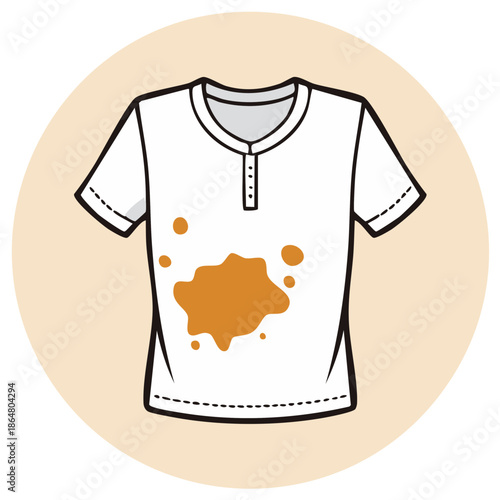 Cartoon Illustration of a White T-shirt with a Stain, Casual Wear with Button Neckline, Dirty Clothes, Vector