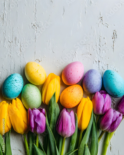Indoor easter celebration with colorful eggs and spring tulip arrangement