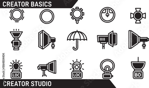 Creator studio basics icons set for content creation tools