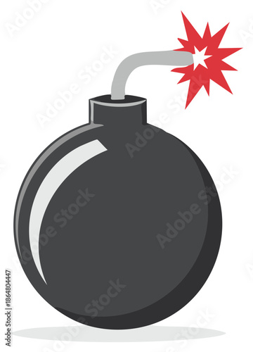 Simple Graphic Illustration of a Classic Bomb with a Lit Fuse and Red Spark Warning