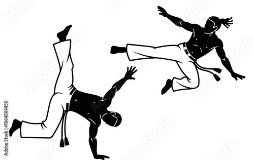 capoeira fight, silhouette, flat design, isolated on white