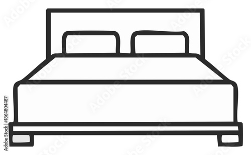 Minimalist Hand Drawn Bed Icon with Pillows - Simple Doodle Style Bedroom Furniture