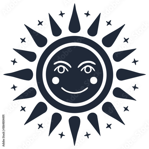 Smiling sun illustration with star accents, vector design element.