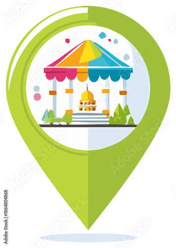 Colorful abstract illustration of a building with a dome inside a location pin