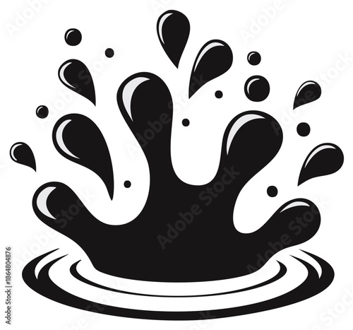 Dynamic black liquid splash erupting with droplets and ripples vector illustration