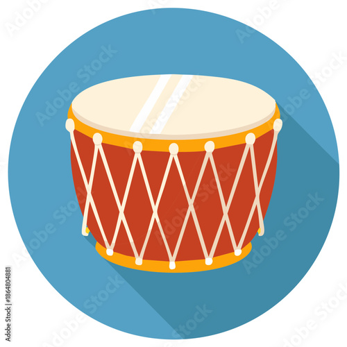 Cartoon Drum with Sticks Icon Illustration, Round Blue Background, Brown and White
