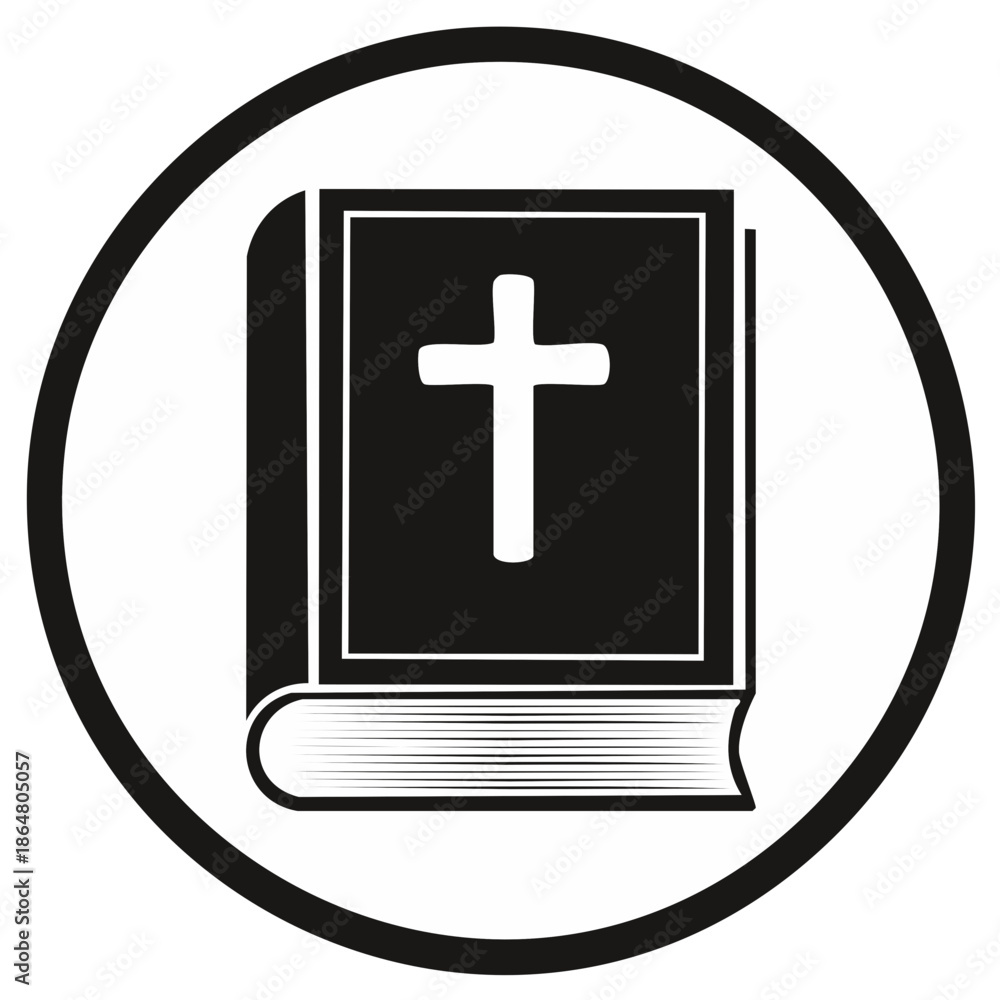 Fototapeta premium Black and white icon of a closed book with a Christian cross symbol on its cover inside a circular frame