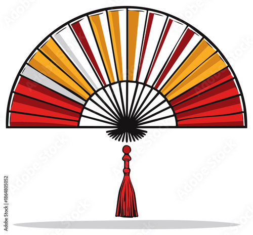 Vibrant traditional Asian folding hand fan illustration with elegant red yellow white panels and decorative tassel
