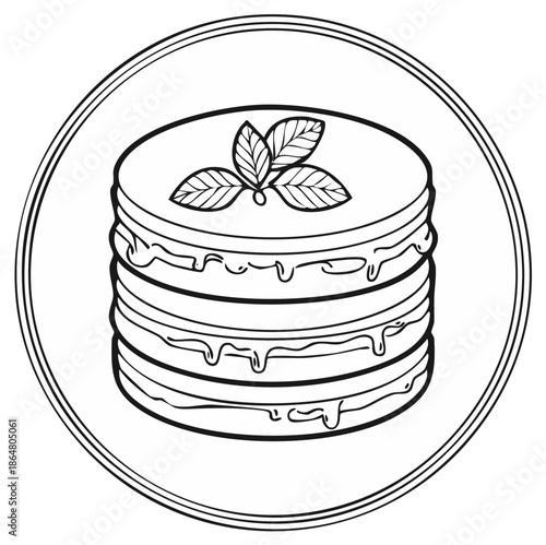 Hand drawn stack of pancakes with dripping syrup and mint leaves line art