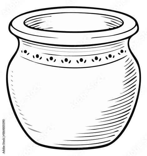 Stylized line art of a decorative ceramic pot with a patterned rim and rounded body