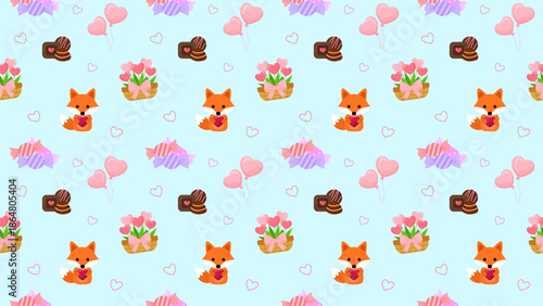 Cute seamless pattern with fox characters holding hearts, flowers, chocolate, balloons on light blue background. expressing love, sweetness, ideal for Valentine designs, wrapping paper, decorations
