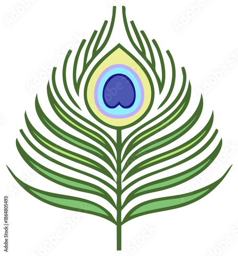 Elegant peacock feather vector design, intricate eye detail with vibrant blue, green and yellow tones, natural ornament.
