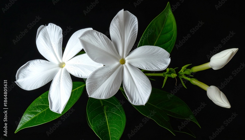 Fototapeta premium Dramatic Low Key Sampaguita Flowers on Black Background with Pure White Petals, Rich Shadows, Strong Contrast, Elegant Fine Art Floral Still Life Photography