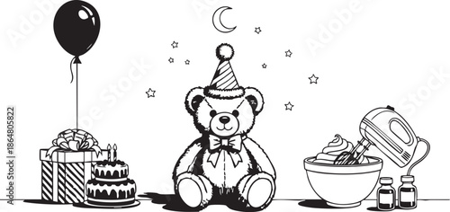 Black and white of teddy bear wearing party hat with cake gift and mixer