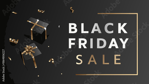 Black friday sale banner with gift boxes and gold ribbon on a dark background for holiday promotion offer