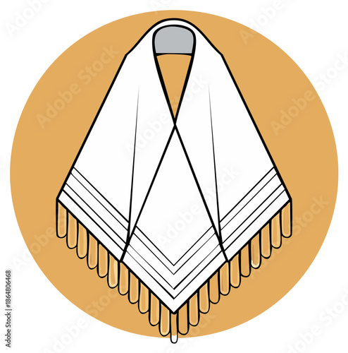 Traditional Jewish Tallit prayer shawl with stripes and fringes vector icon illustration
