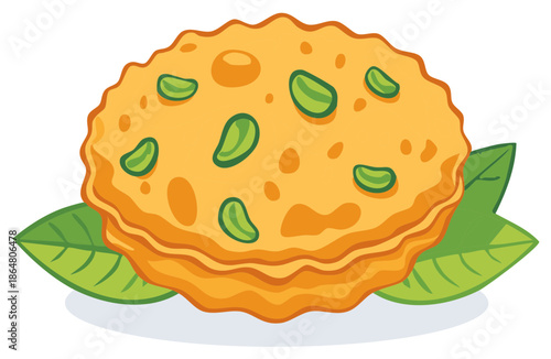 Crispy golden savory snack with green peas and a ruffled edge resting on fresh leaves